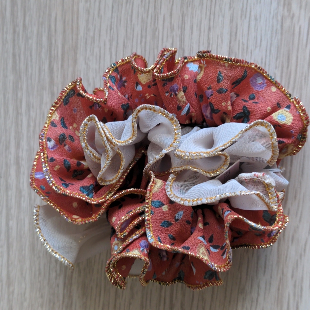 Coral orange with tan and gold edges hair scrunchie